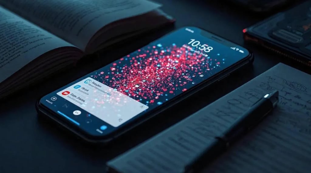 Smartphone filled with notifications beside unused notebook, showing digital distraction.