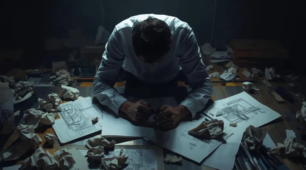 Person surrounded by crumpled papers, symbolizing perfectionism causing delay.