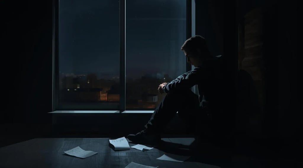 Person thinking deeply by window at night, representing self-doubt and overthinking.