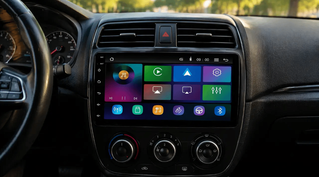 central multimidia com carplay sem fio instalada no painel do carro roadstar rs-7200br em uso real