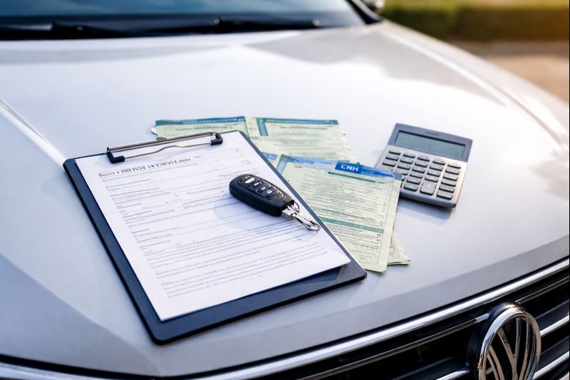 Documentos de transferência de carro usado sobre o capô do veículo, com chave e CRLV-e