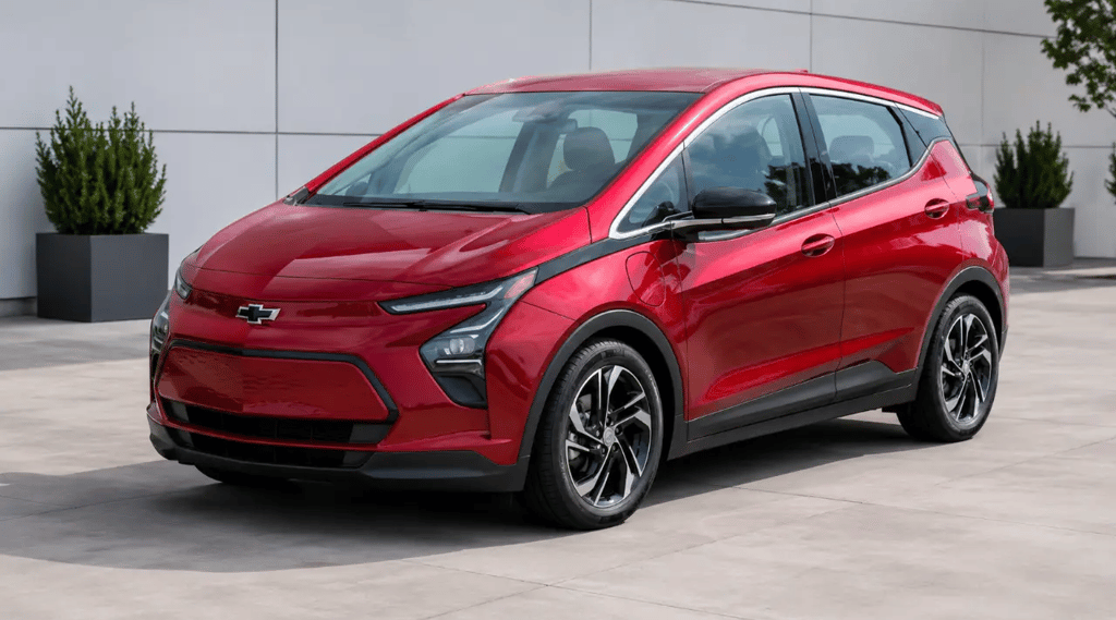Chevrolet Bolt EV vermelho sem placa dianteira em showroom externo moderno