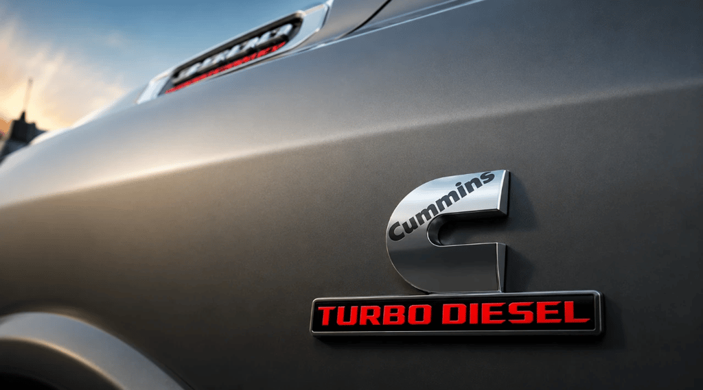 Emblema Cummins Turbo Diesel em caminhonete Ram destacando motor diesel robusto e confiável.