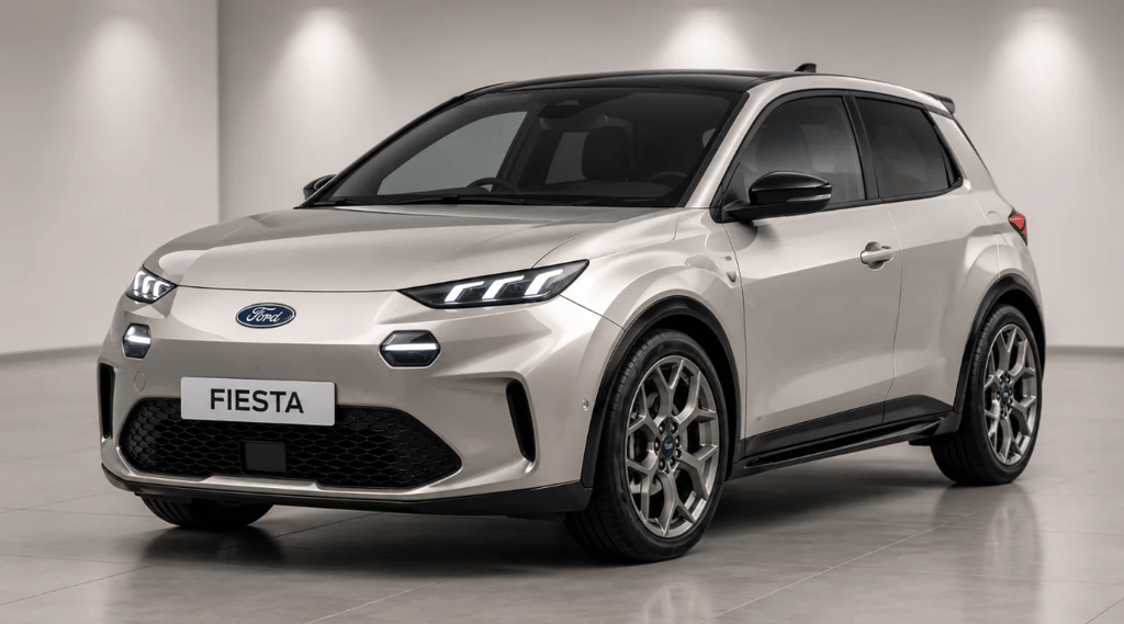 Novo Ford Fiesta elétrico em showroom neutro com visual moderno e placa Fiesta