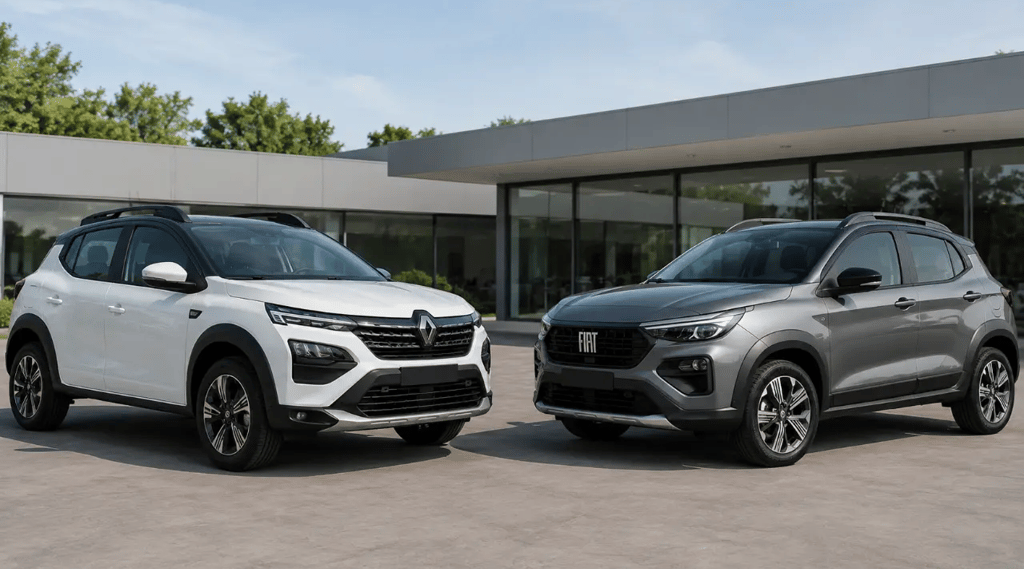 Renault Kardian e Fiat Pulse frente a frente em showroom externo moderno e neutro