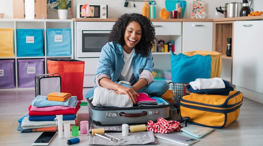 a woman sitting on the floor packing with a suitcase