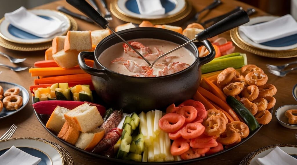 creamy Crab fondue in a pot surrounded by shrimp and various dippers