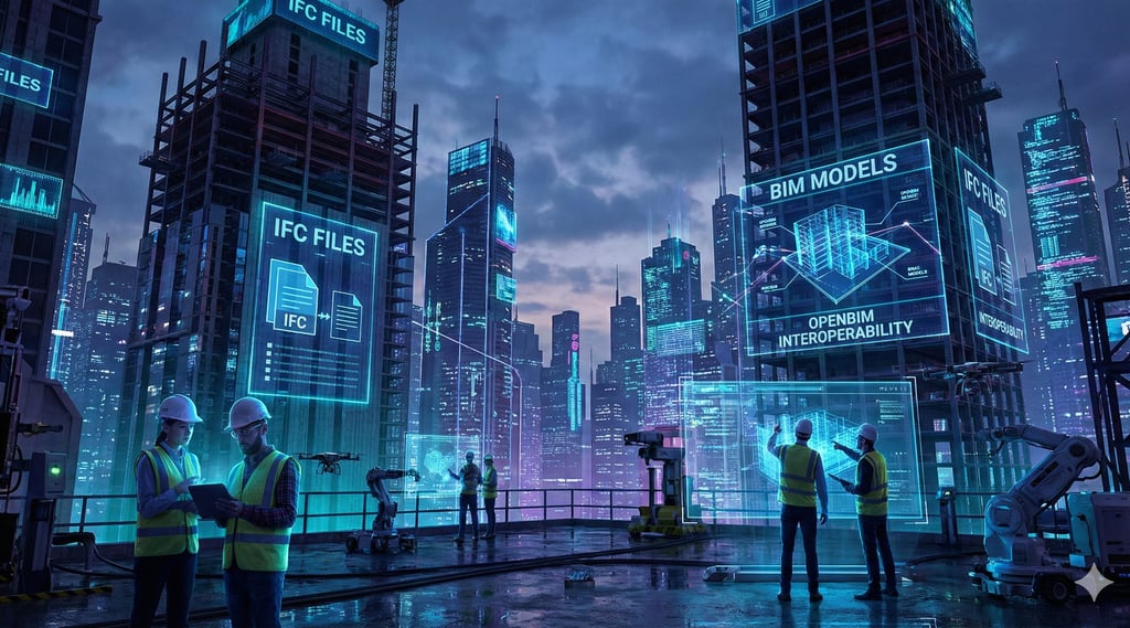 Photographie futuriste d'un chantier de construction cyberpunk la nuit, baigné de lumières néon bleues et cyan.