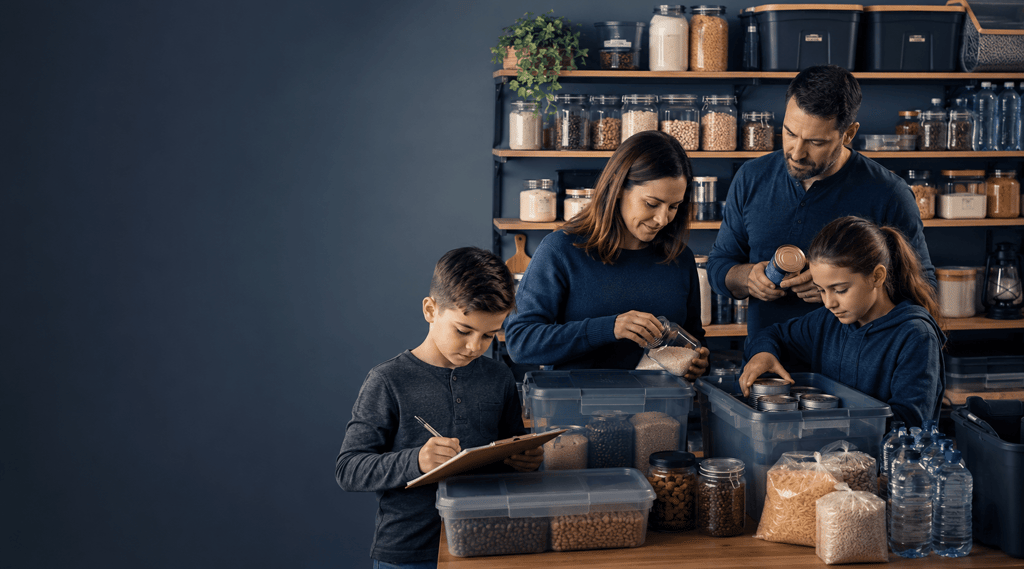 A family organizing emergency food supplies and water in a pantry for disaster preparedness.