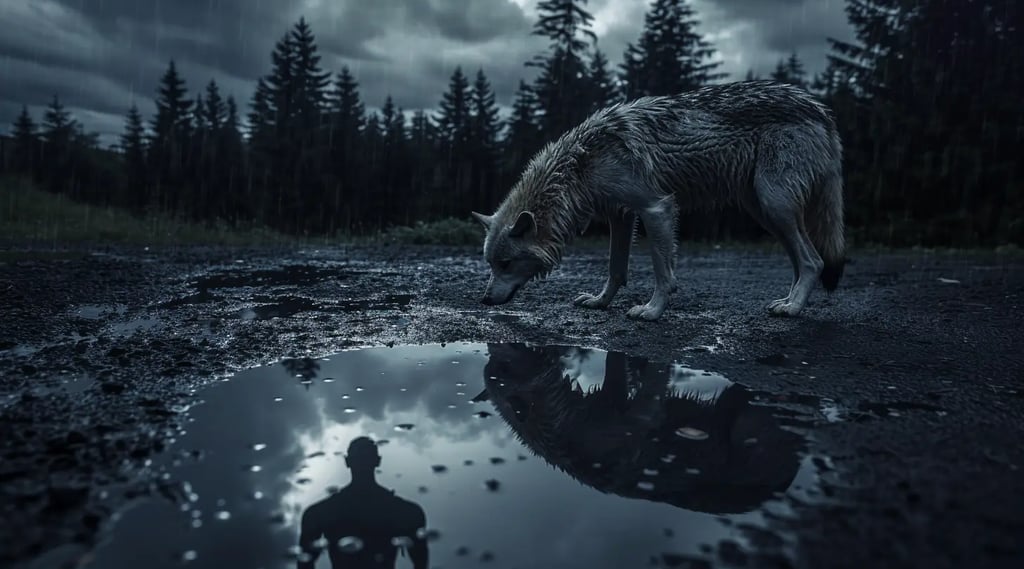 A gray wolf stands by a puddle in a dark forest, reflecting a man's silhouette under a rainy sky.