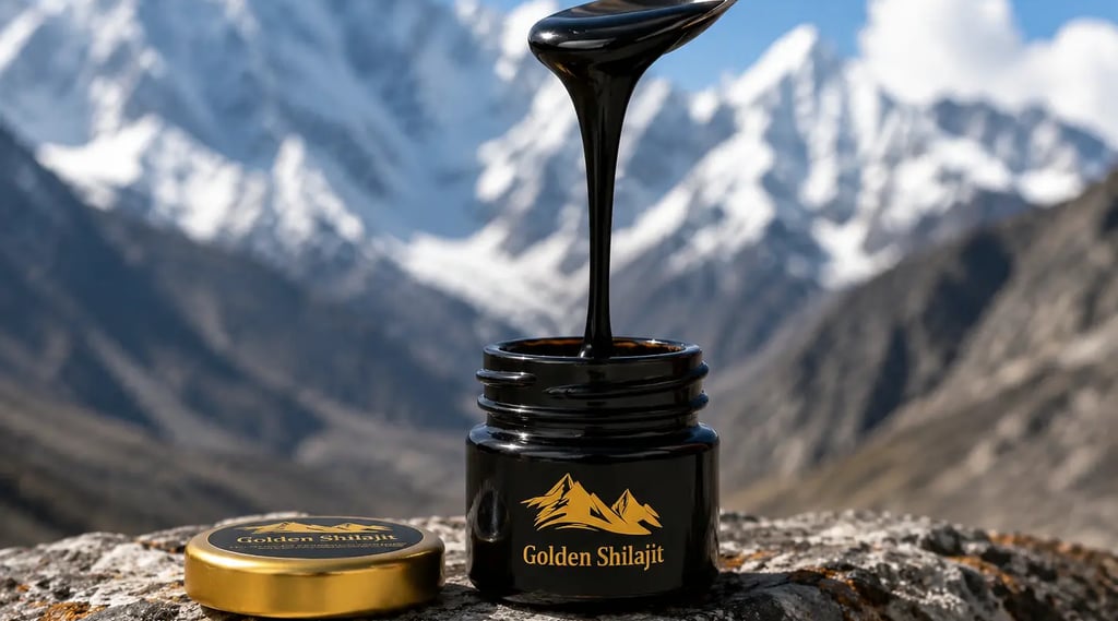 Golden Shilajit resin dripping from a spoon into a jar with a snowy Himalayan mountain background.