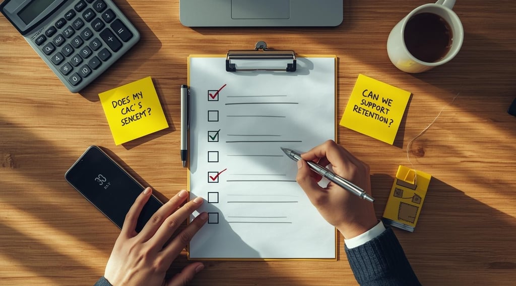 Business model evaluation checklist on desk with planning materials