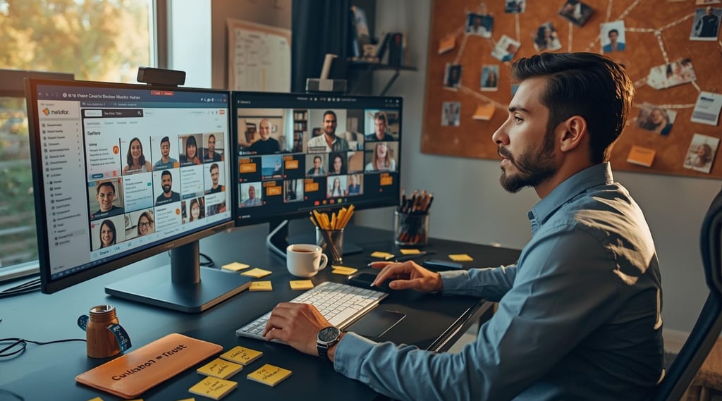 Marketplace founder managing freelancer platform on dual monitors