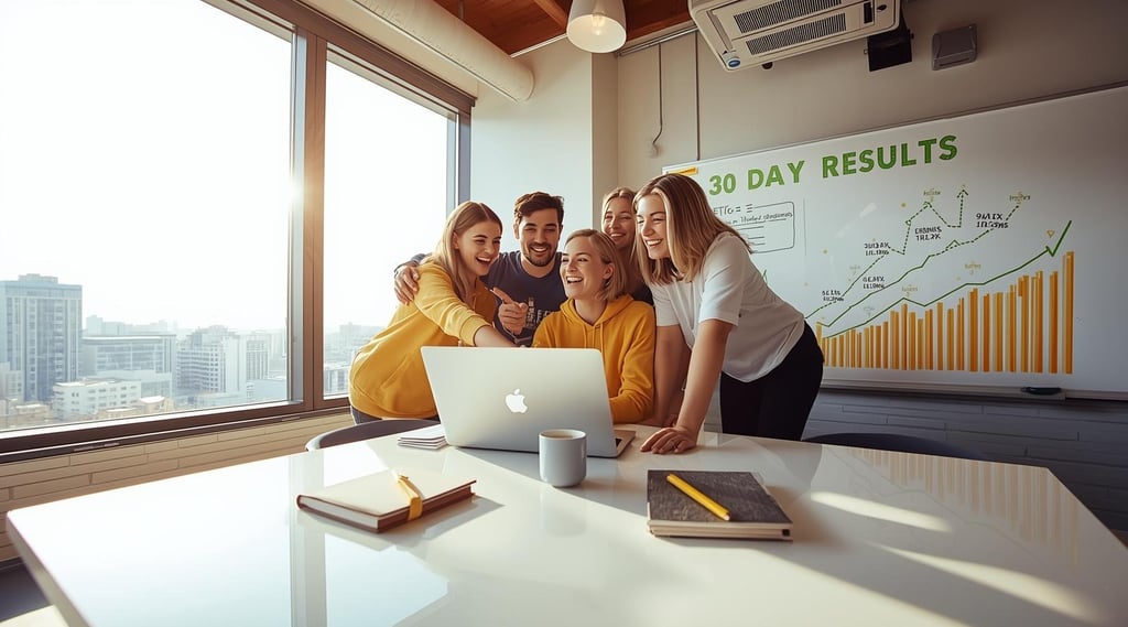 Startup team reviewing successful business model test results