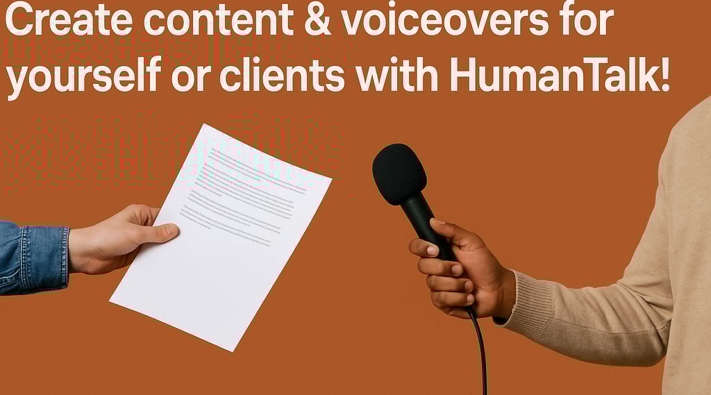 A man holding a mic and the other holding a script with a text create voiceovers with HumanTalk