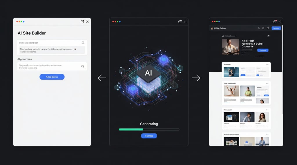 Screenshots showing Hostinger's AI Site Builder: description input, AI generation, and final website