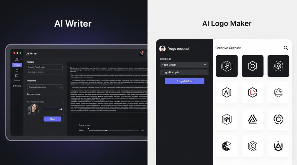 Split image: Hostinger's AI Writer interface with generated text and AI Logo Maker showing input and