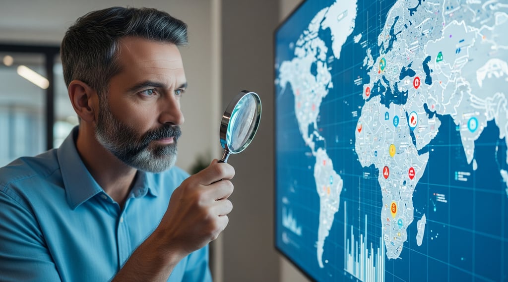 Person analyzing market data on digital map.