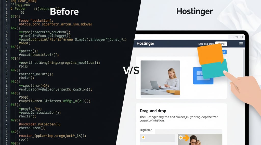 complex code vs. Hostinger's drag-and-drop website builder with an element being moved.