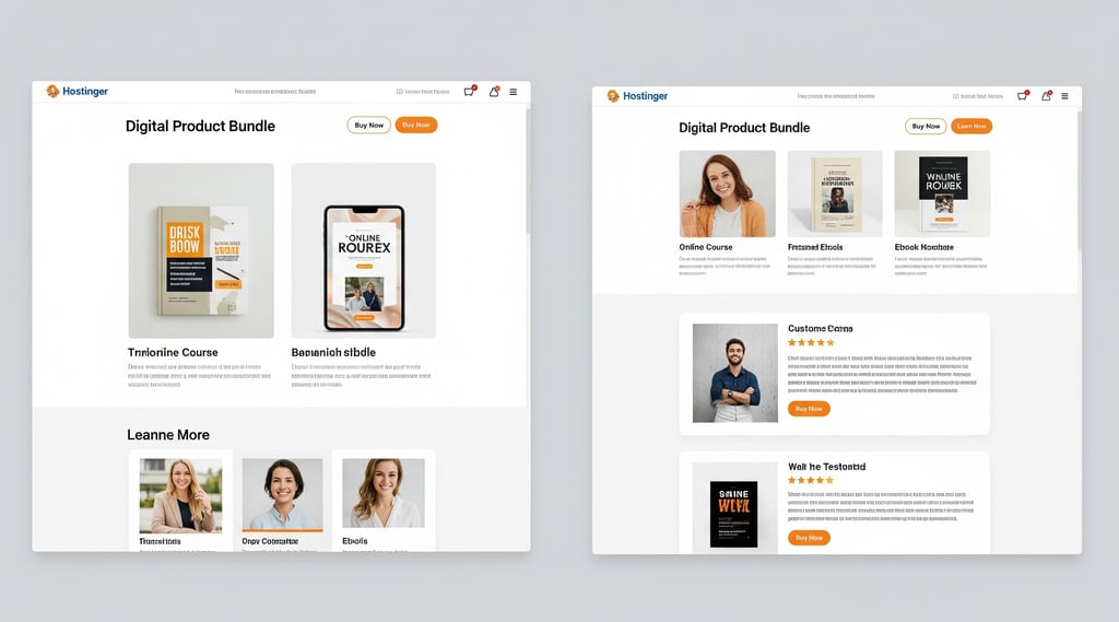 Mock-up of an e-commerce store page on Hostinger, featuring a digital course and ebook bundle.
