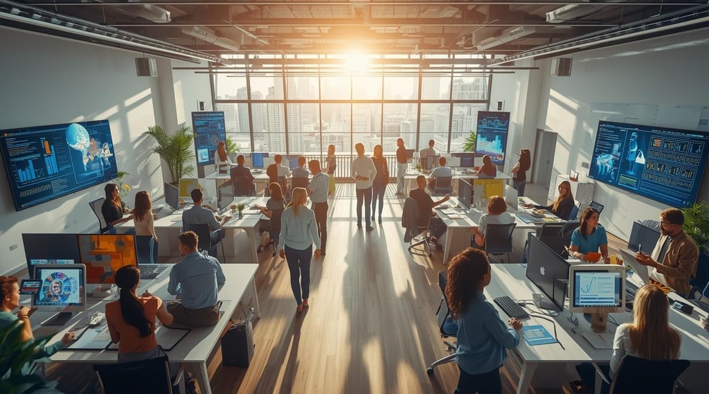 Future workplace where human teams collaborate seamlessly with AI agents for enhanced productivity