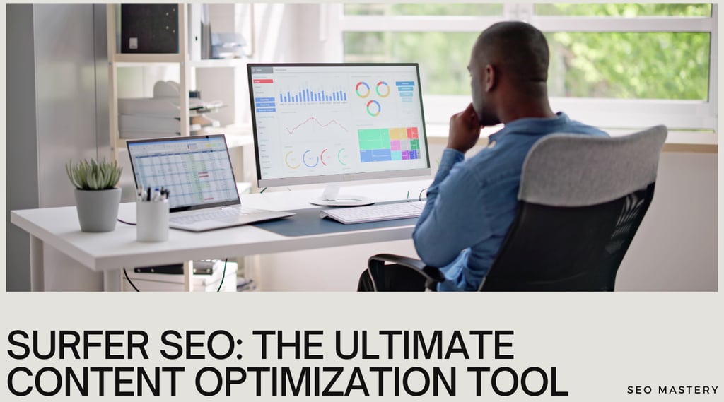a man sitting at a desk with a laptop and a computer with Surfer SEO analysis on the screen