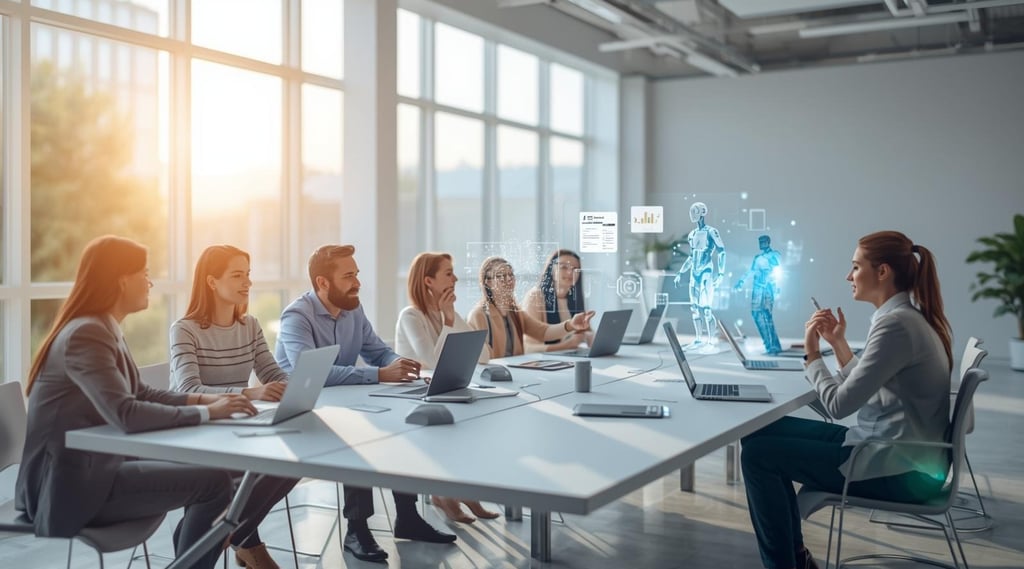 Human professionals collaborating with AI agents around a modern workspace table