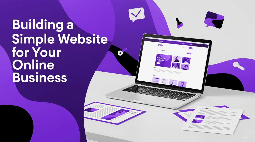 A laptop displaying a website design, with "Building a Simple Website for your Online business" text