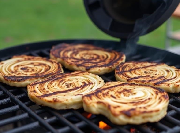 Smoky grilled cabbage steaks cooking on outdoor barbecue grill