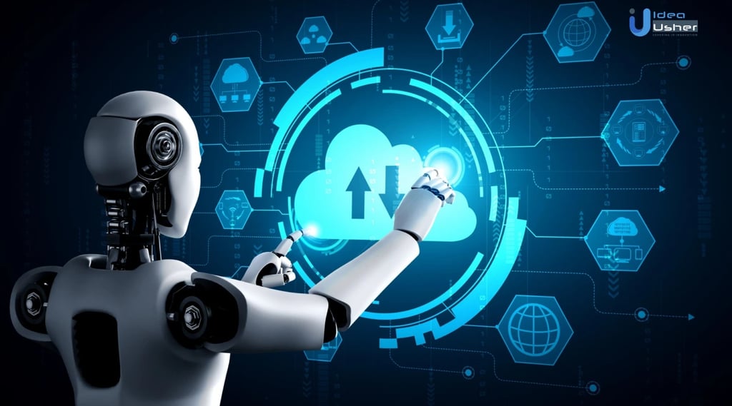 AI robot touching a digital cloud computing icon with upload and download arrows, surrounded by futuristic data and network g