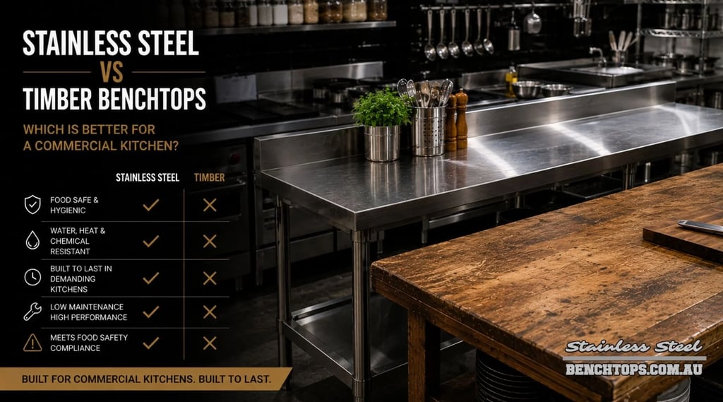 Comparison chart detailing stainless steel vs timber benchtops in a workspace.