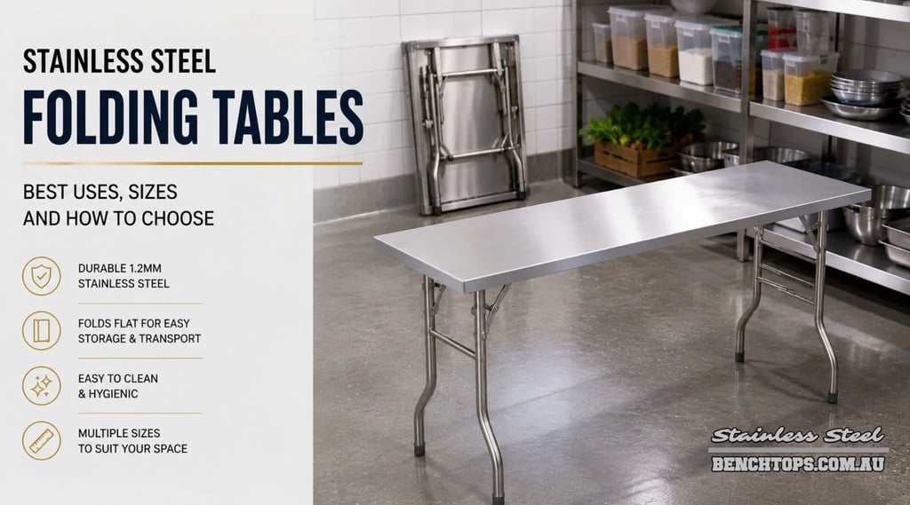 Heavy-duty Stainless Steel Folding Table with collapsible legs set up for food preparation.