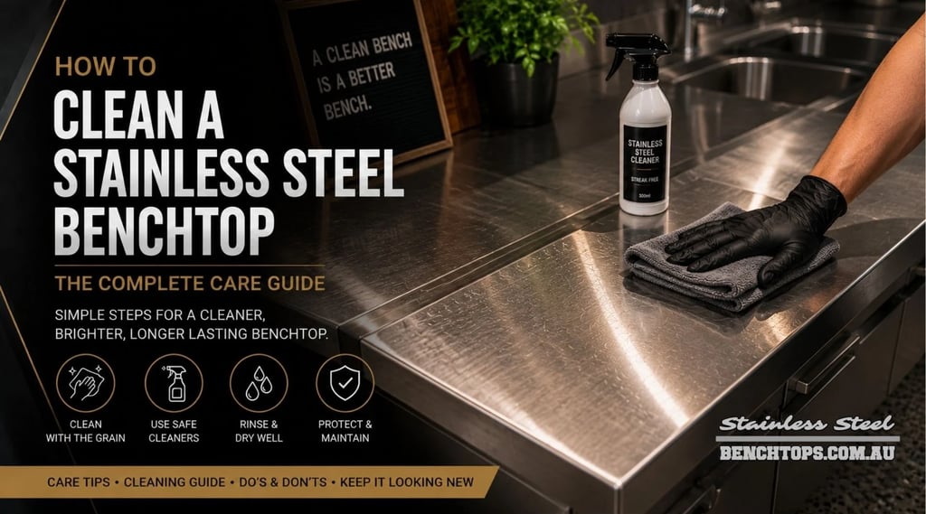 Wiping down a commercial kitchen counter to show how to clean a stainless steel benchtop.