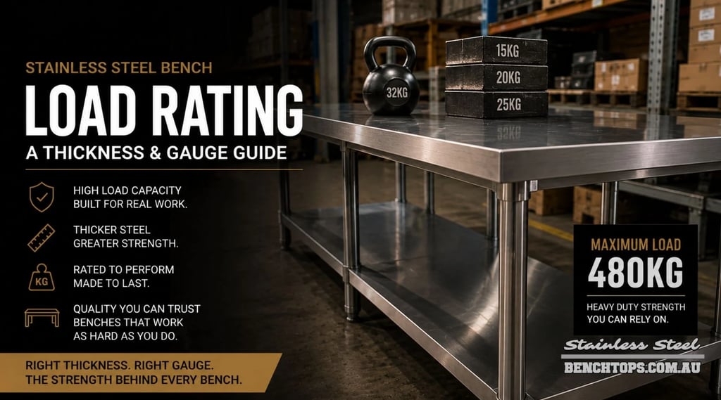 Warehouse workbench showing a maximum 480kg stainless steel bench load rating setup.