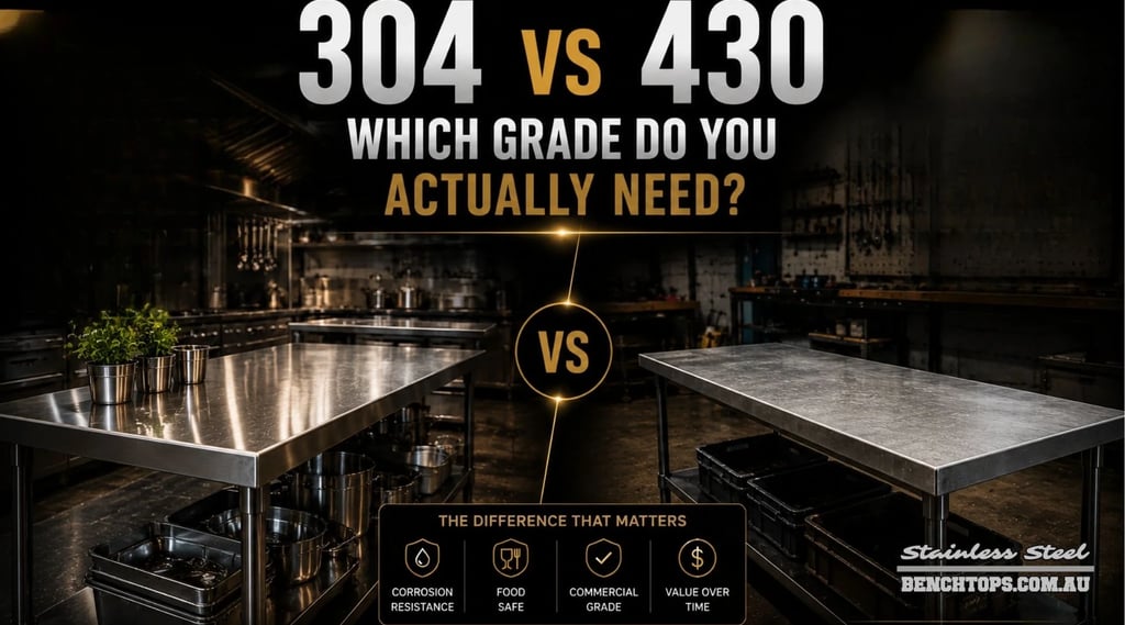 Commercial kitchen benches contrasting premium 304 vs 430 stainless steel.