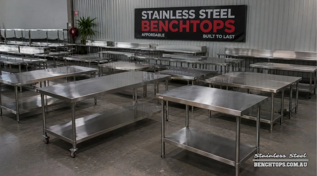 Range of kitchen benches showcasing competitive stainless steel benchtop cost australia.