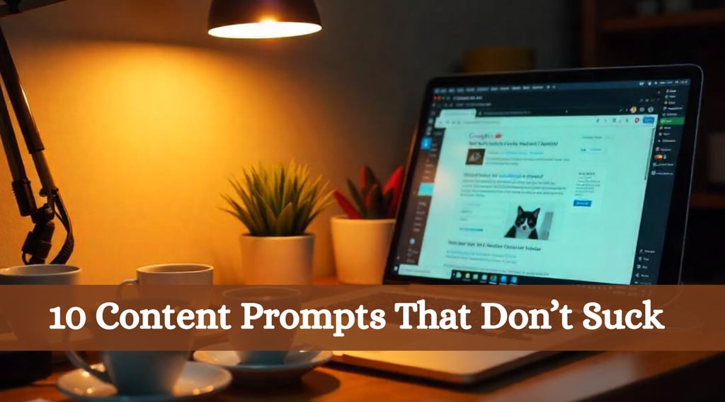 A Laptop with cat meme and text 10 content prompts that don't suck