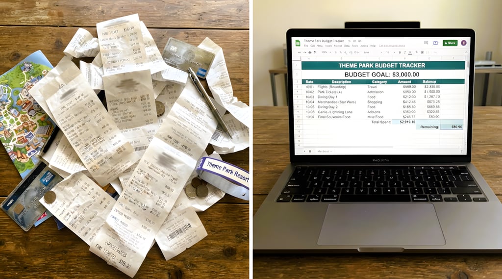 Split screen: A chaotic pile of expensive theme park receipts next to an organized digital budget tracker on a laptop.