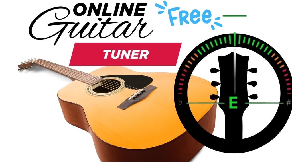Free online guitar tuner tool showing an acoustic guitar and a digital tuning interface.