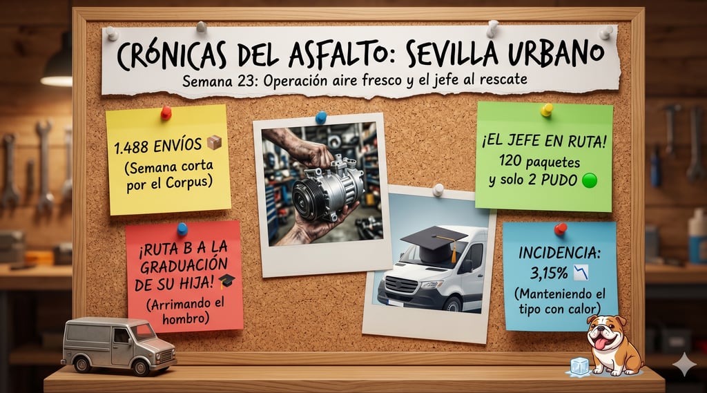 Resumen semanal de Crónicas del Asfalto en un tablero de corcho con pósits y fotos.