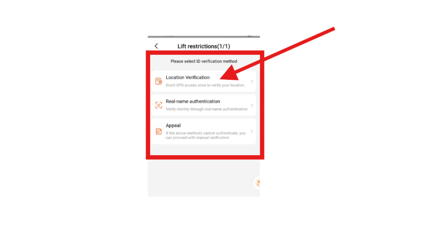 A mobile screen showing identity verification options for lift restrictions including location and authentication