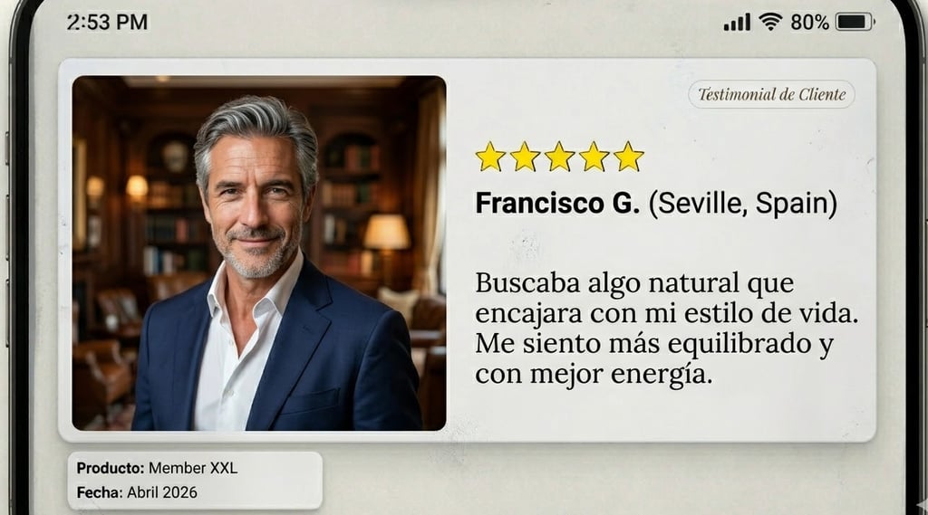 Opinión real de usuario sobre suplemento de bienestar masculino en formato captura de pantalla móvil