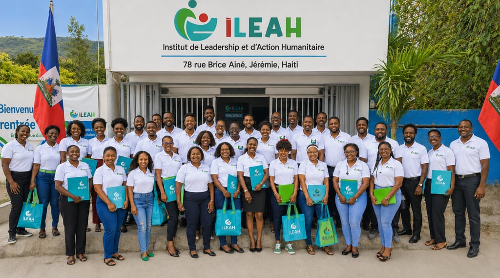 A large group of ILEAH students and staff in white shirts posing outside the humanitarian leadership institute in Jeremie