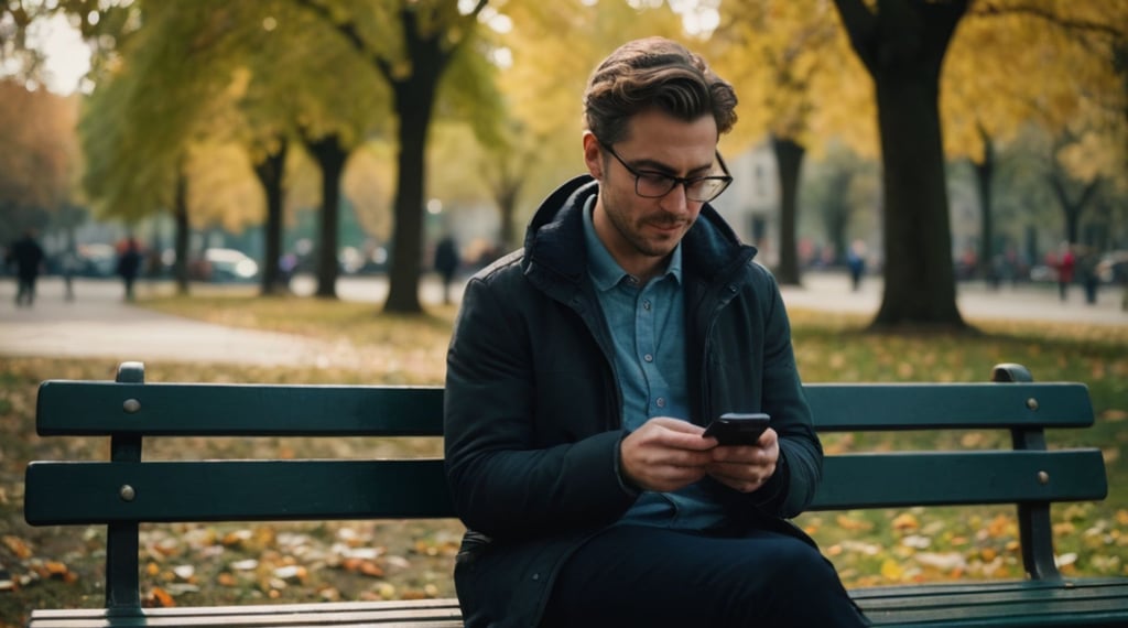 a man sitting on a bench in a park with his phone