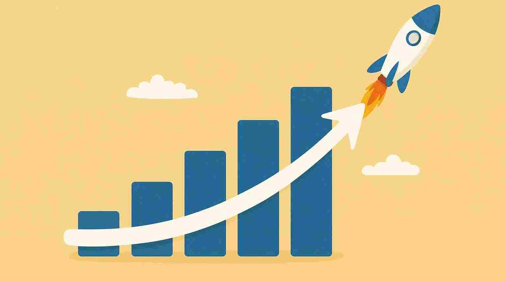 statestik som pekar uppåt med en vit pil till en raket