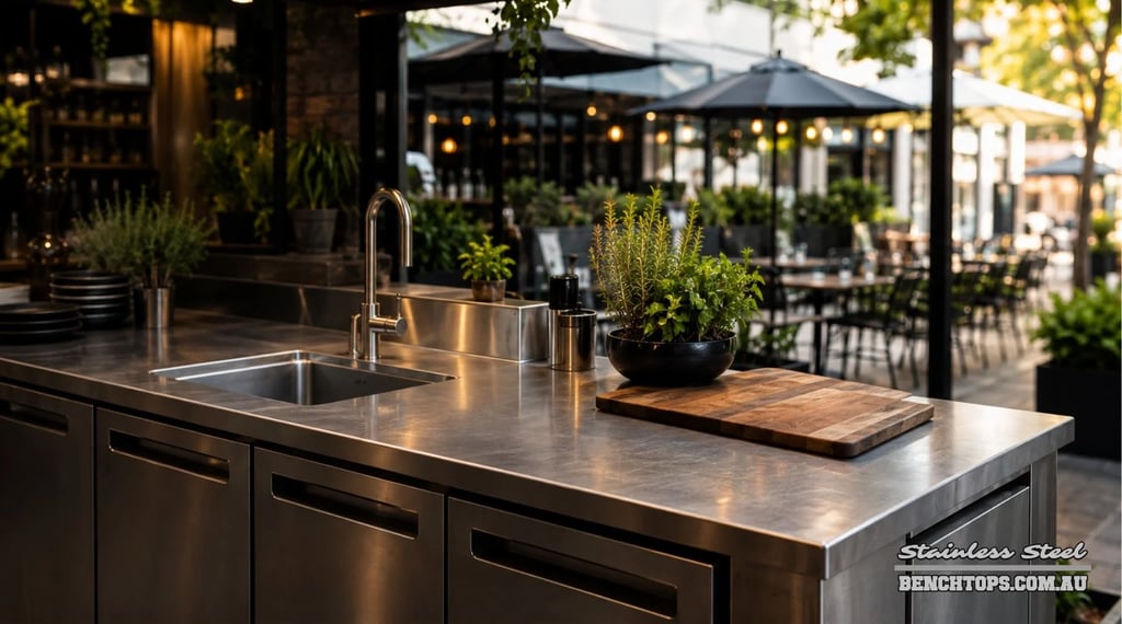 Outdoor restaurant bar setup with a stainless steel bench Norwood.