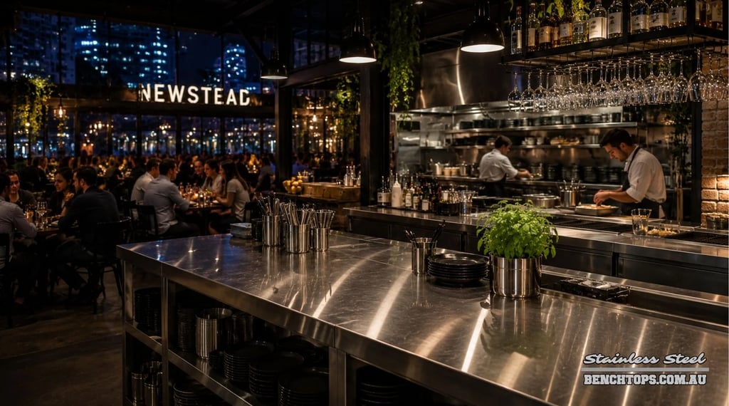 Chefs preparing meals on a commercial stainless steel bench Newstead.