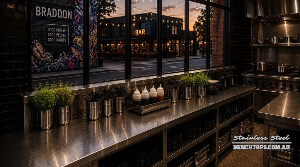 Long workspace counter and durable stainless steel benchtop Braddon looking out to a street at dusk.
