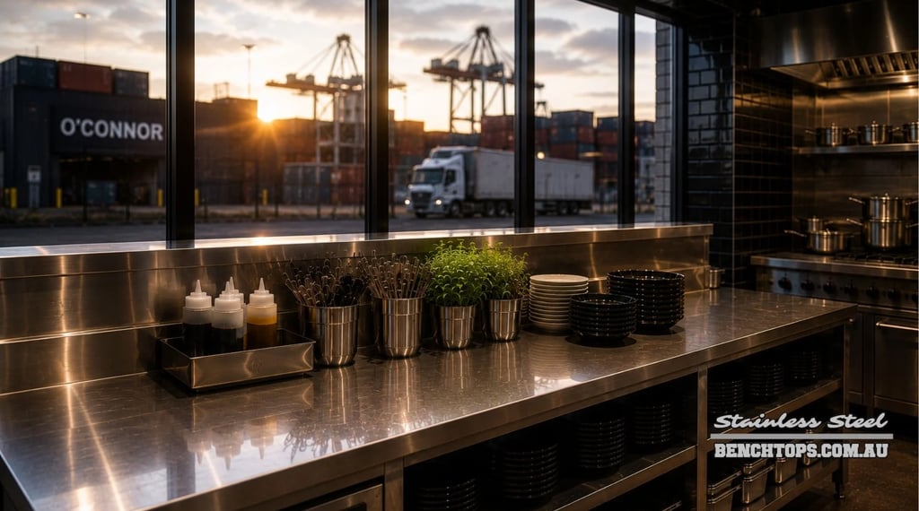 Commercial kitchen workstation and stainless steel bench O'Connor overlooking a shipping yard.