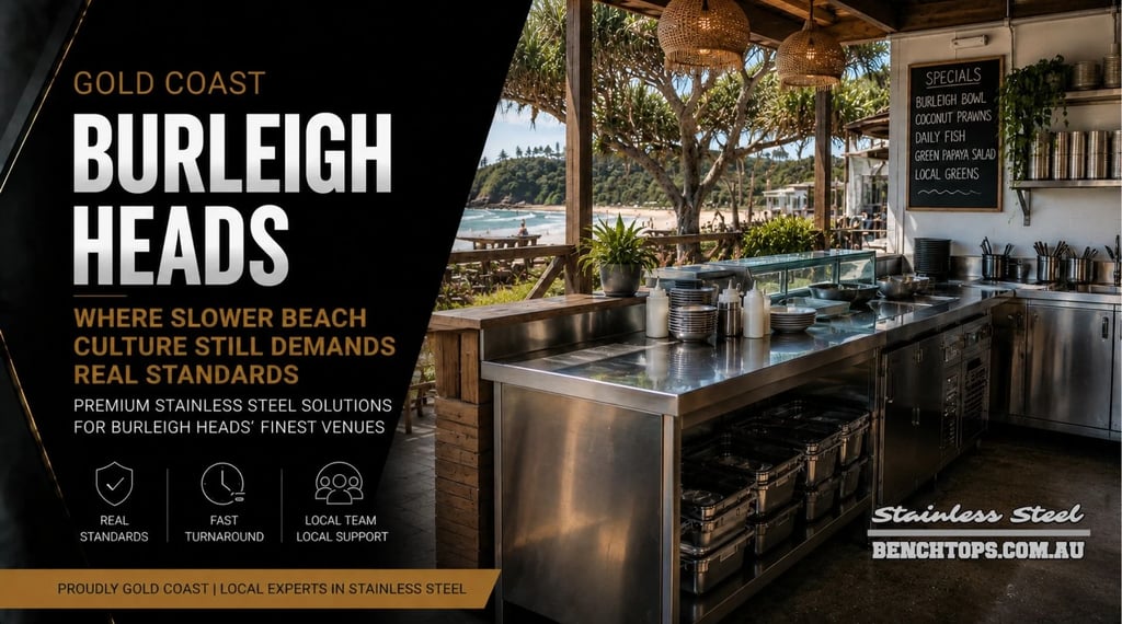Coastal food service line showcasing a durable stainless steel bench Burleigh Heads.